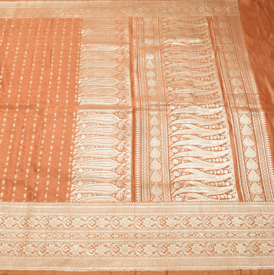 Sushila Vintage Heavy Brown Saree Pure Satin Silk Banarasi Brocade Woven Fabric