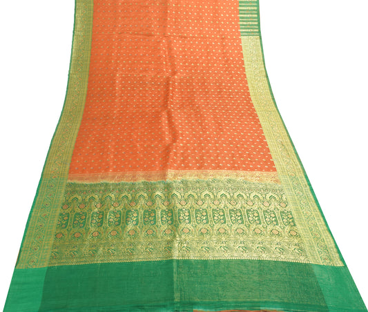 Sushila Vintage Heavy Saree Pure Satin Silk Banarasi Brocade Orange Sari Fabric