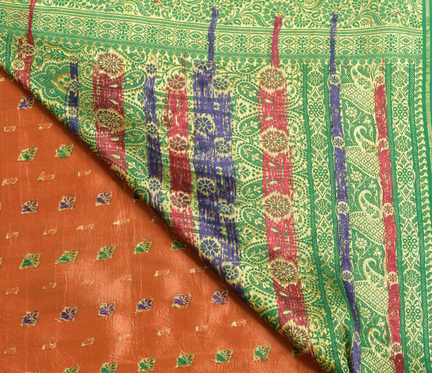 Sushila Vintage Heavy Saree Pure Satin Silk Banarasi Brocade Orange Sari Fabric