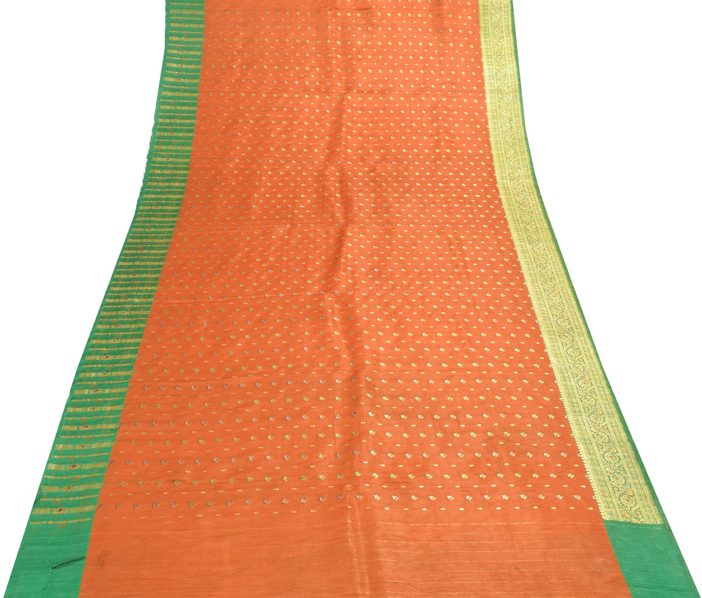 Sushila Vintage Heavy Saree Pure Satin Silk Banarasi Brocade Orange Sari Fabric