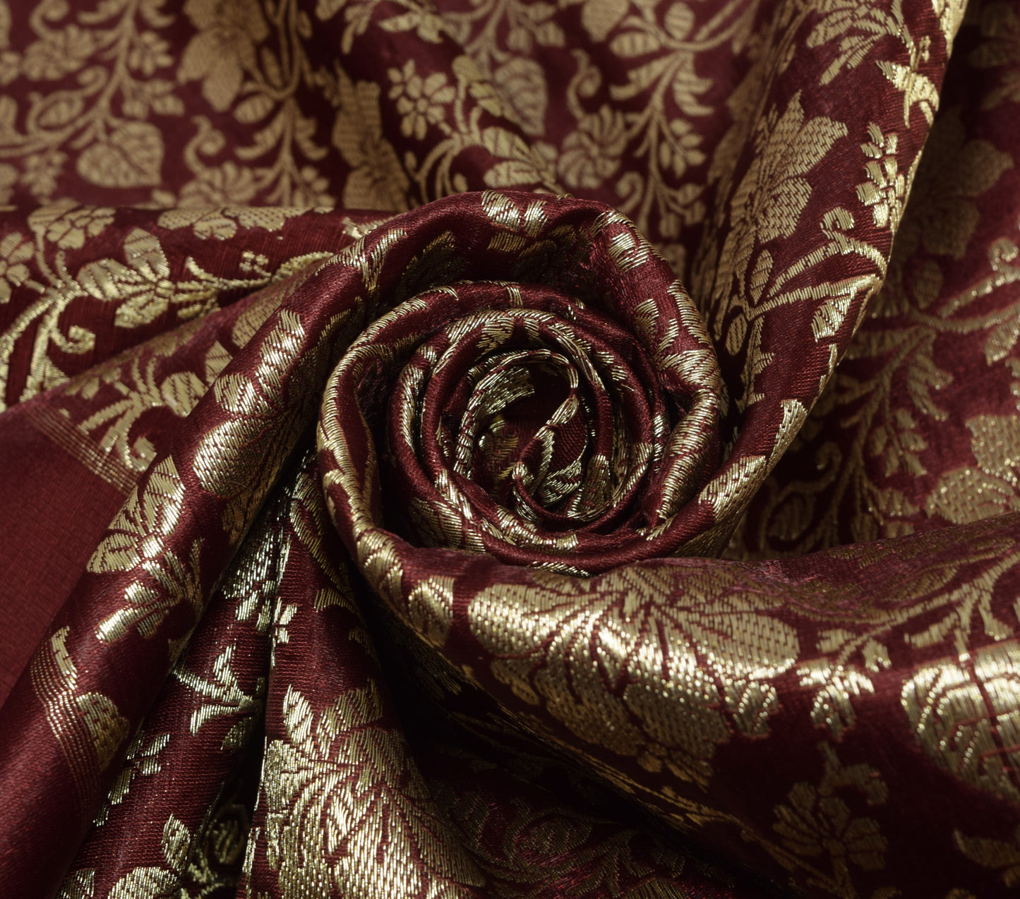 Sushila Vintage Heavy Saree Satin Silk Banarasi Brocade Maroon Floral 5YD Fabric