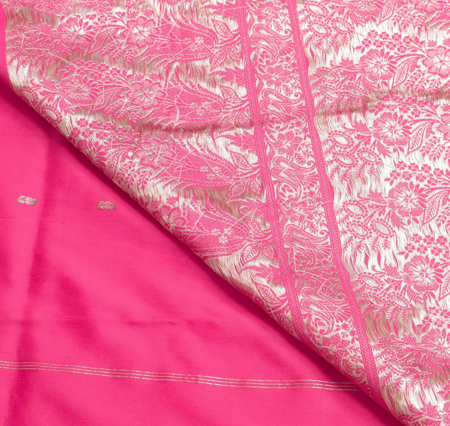 Sushila Vintage Heavy Saree Satin Silk Banarasi Brocade Hot Pink Sari Fabric