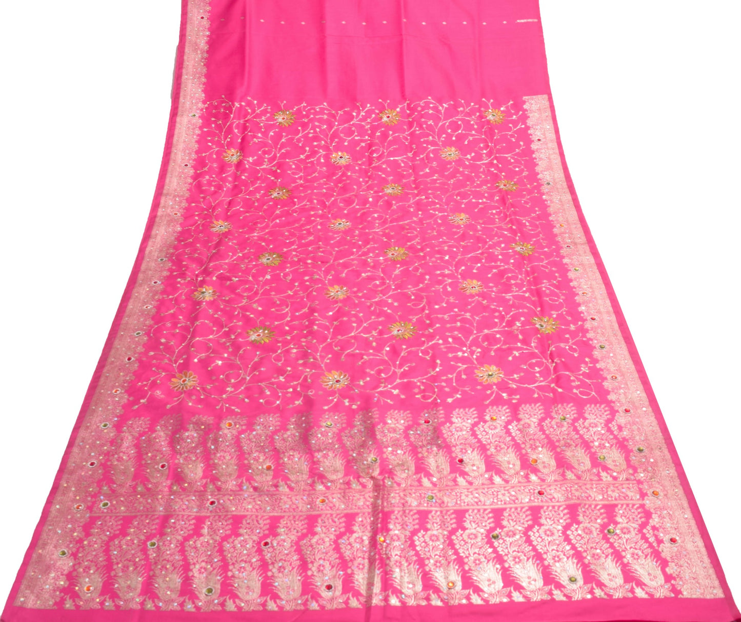 Sushila Vintage Heavy Saree Satin Silk Banarasi Brocade Hot Pink Sari Fabric