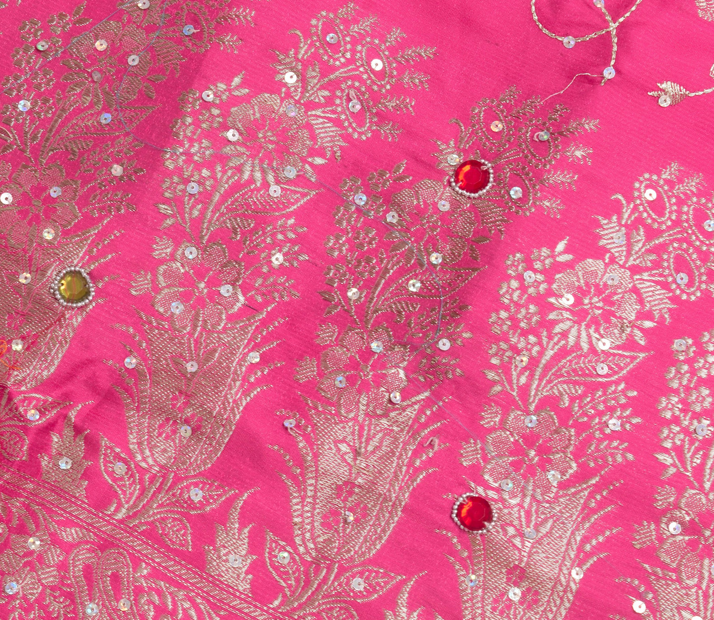 Sushila Vintage Heavy Saree Satin Silk Banarasi Brocade Hot Pink Sari Fabric