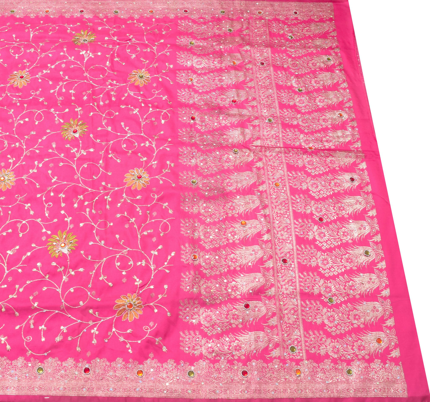 Sushila Vintage Heavy Saree Satin Silk Banarasi Brocade Hot Pink Sari Fabric