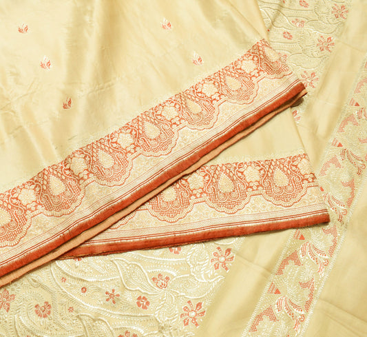 Sushila Vintage Beige Heavy Saree Pure Satin Silk Banarasi Brocade Sari Fabric