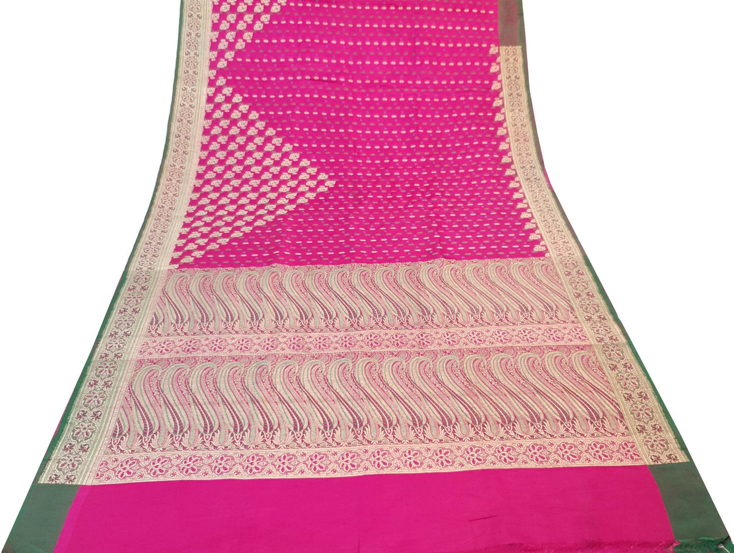 Sushila Vintage Heavy Banarasi Magenta Saree Pure Satin Silk Brocade Sari Fabric