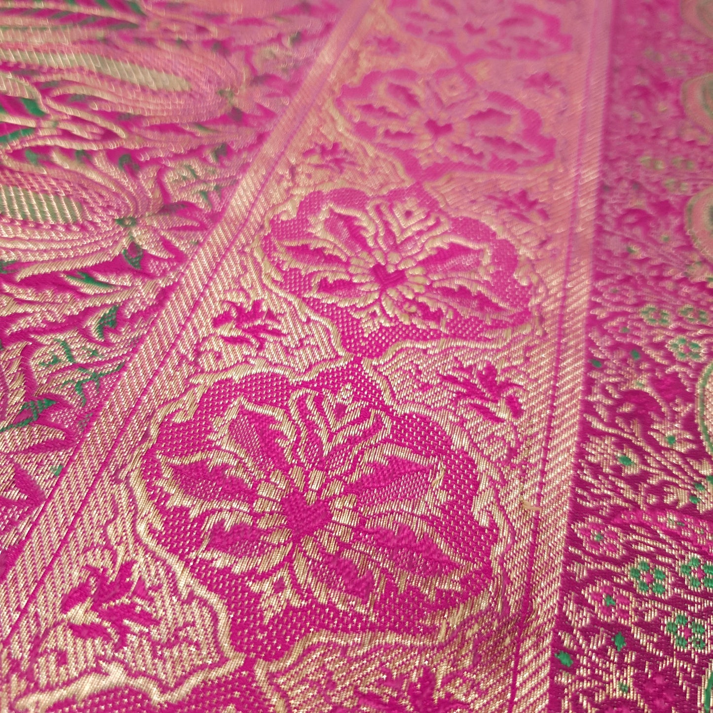 Sushila Vintage Heavy Banarasi Magenta Saree Pure Satin Silk Brocade Sari Fabric