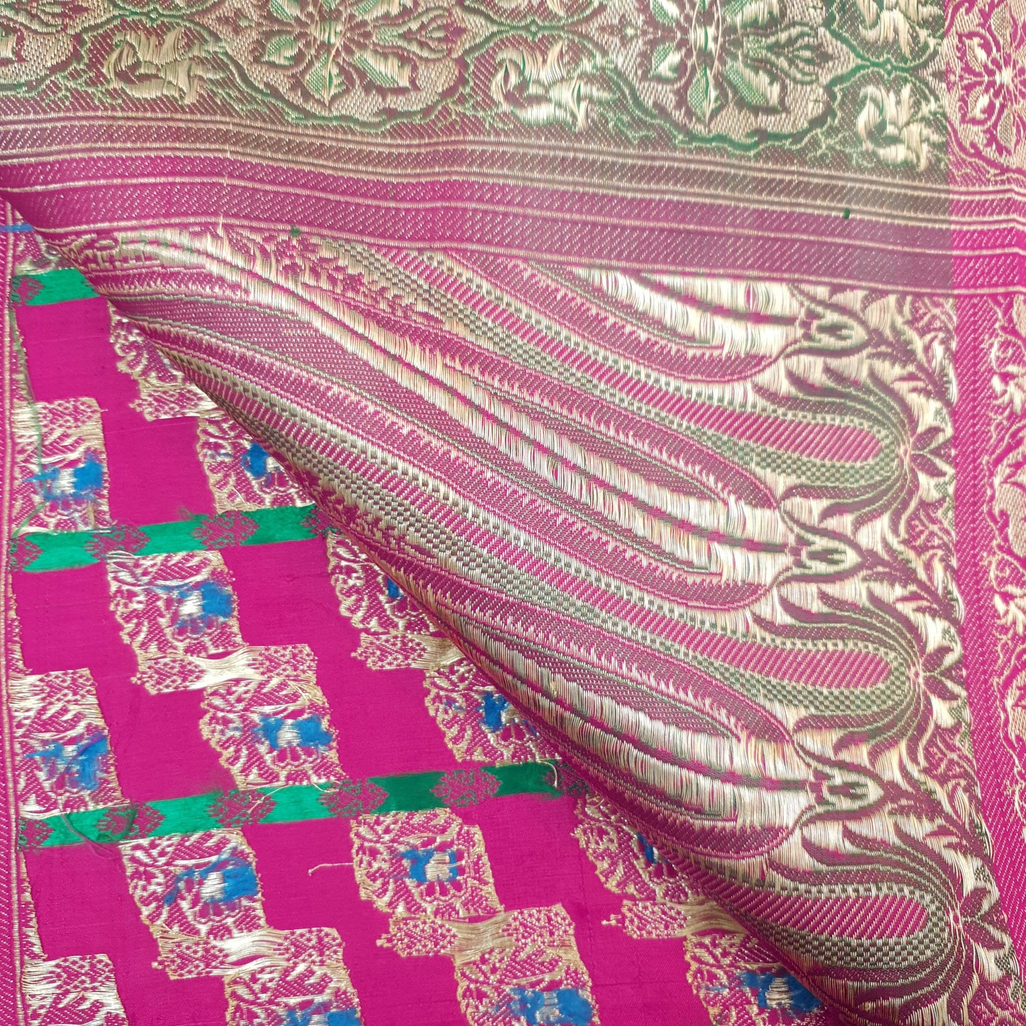 Sushila Vintage Heavy Banarasi Magenta Saree Pure Satin Silk Brocade Sari Fabric