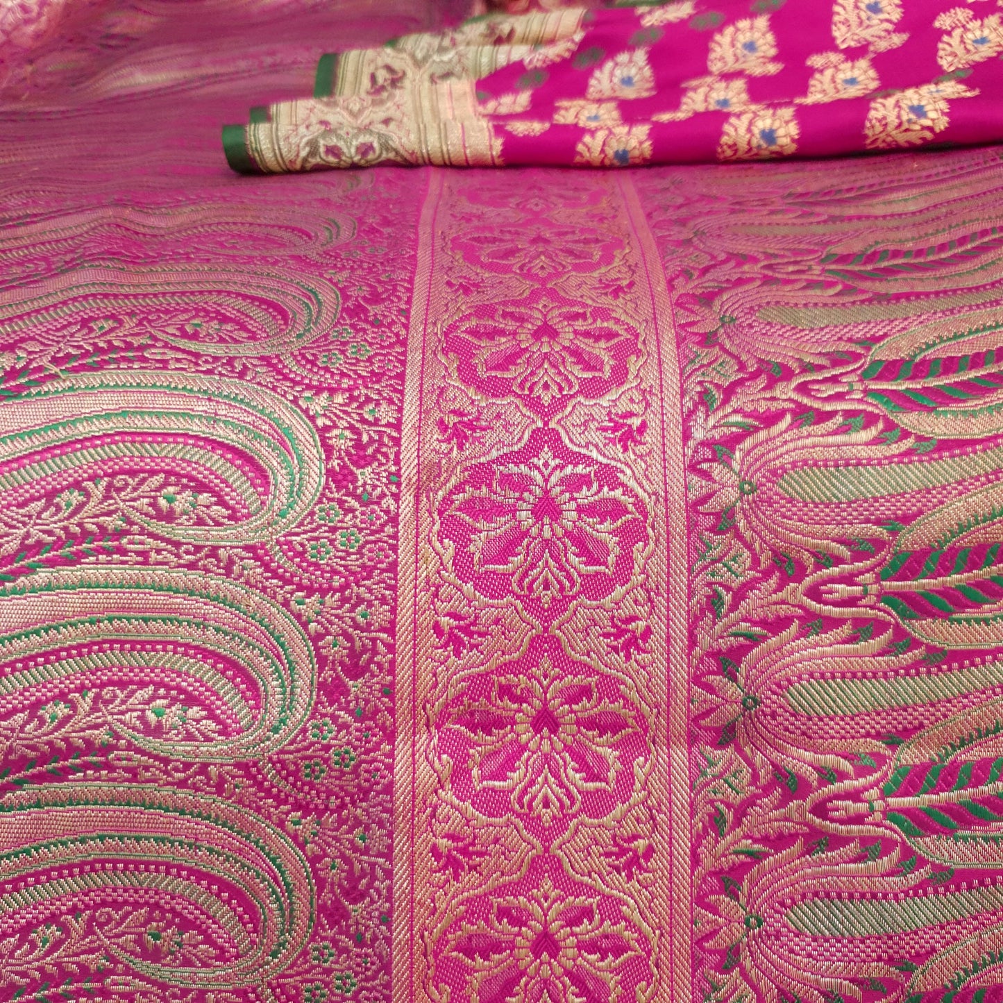 Sushila Vintage Heavy Banarasi Magenta Saree Pure Satin Silk Brocade Sari Fabric