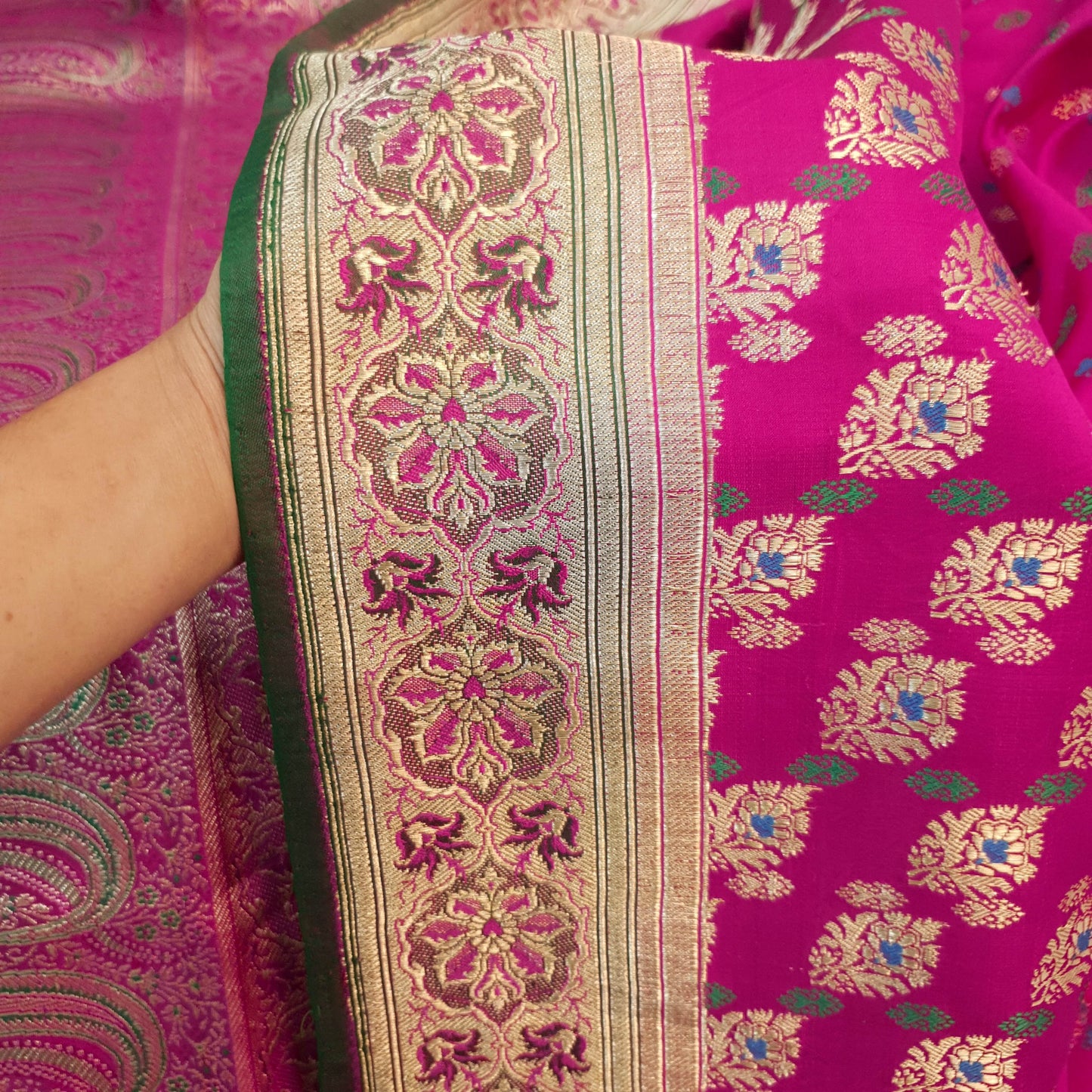 Sushila Vintage Heavy Banarasi Magenta Saree Pure Satin Silk Brocade Sari Fabric