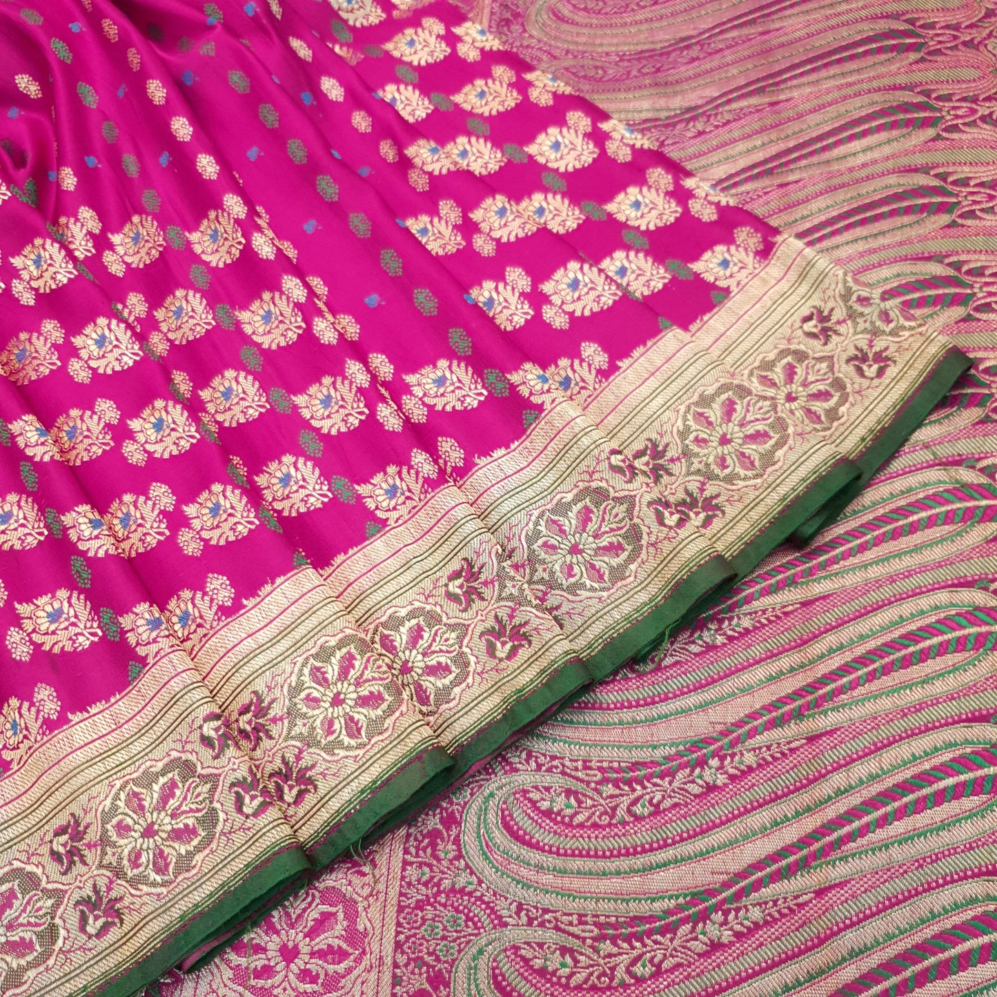 Sushila Vintage Heavy Banarasi Magenta Saree Pure Satin Silk Brocade Sari Fabric