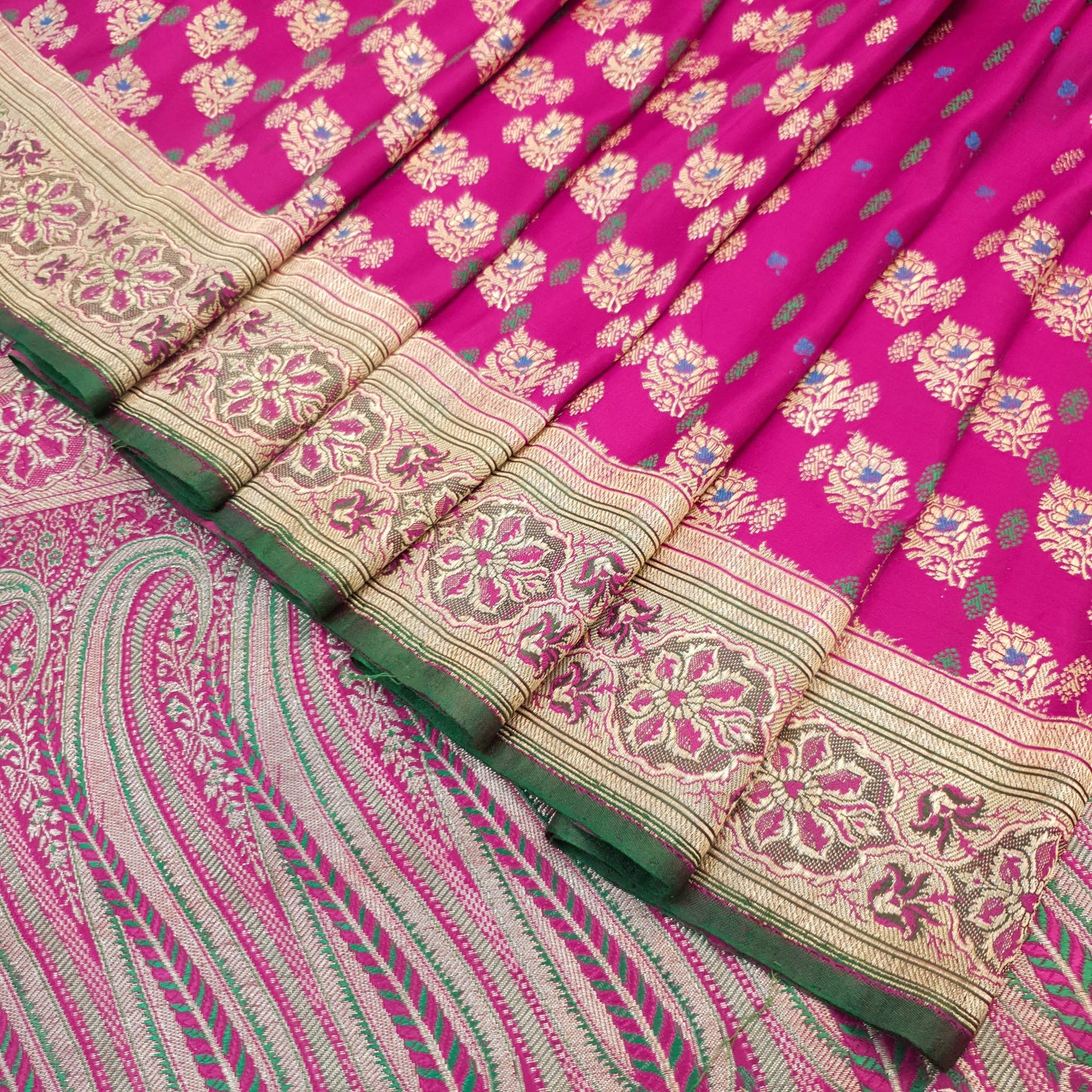 Sushila Vintage Heavy Banarasi Magenta Saree Pure Satin Silk Brocade Sari Fabric