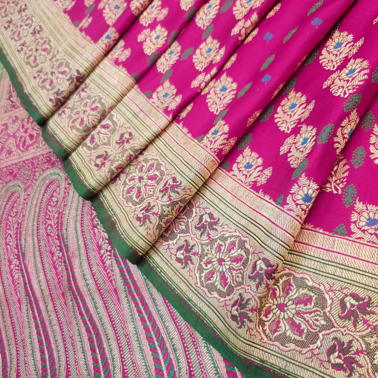 Sushila Vintage Heavy Banarasi Magenta Saree Pure Satin Silk Brocade Sari Fabric