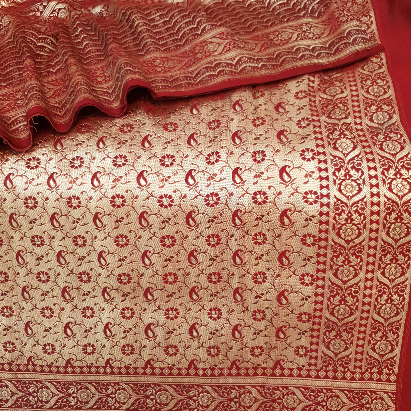 Sushila Vtg Maroon Heavy Saree Satin Silk Banarasi Brocade Wedding Sari Fabric