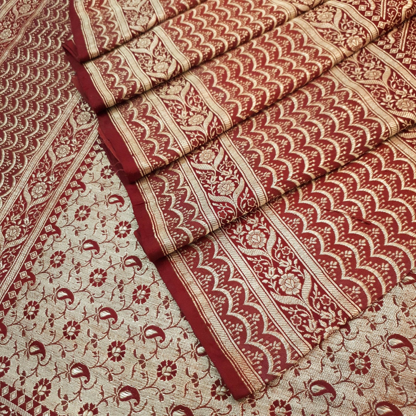 Sushila Vtg Maroon Heavy Saree Satin Silk Banarasi Brocade Wedding Sari Fabric