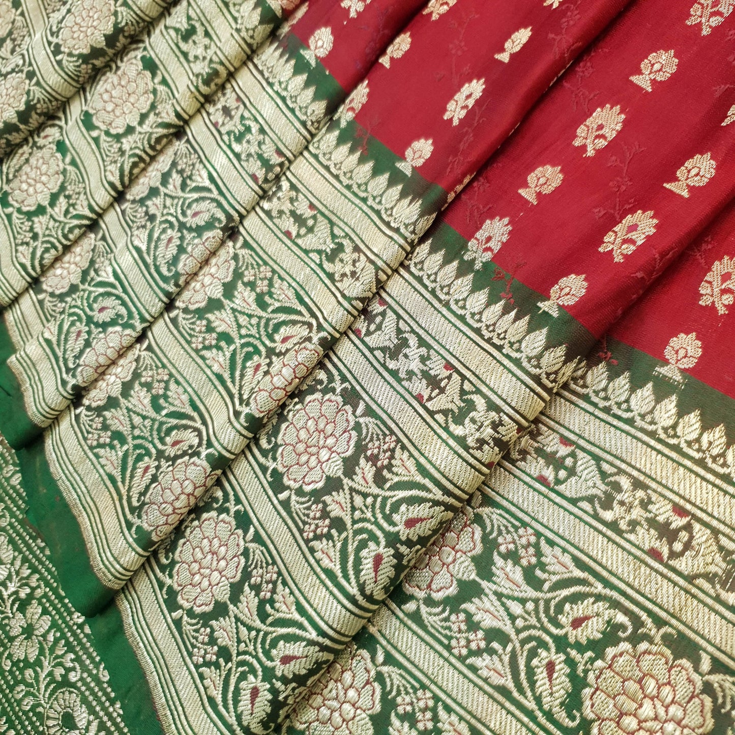 Sushila Vtg Red Green Heavy Saree Satin Silk Banarasi Woven Wedding Sari Fabric