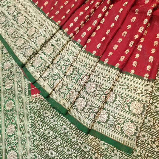 Sushila Vtg Red Green Heavy Saree Satin Silk Banarasi Woven Wedding Sari Fabric