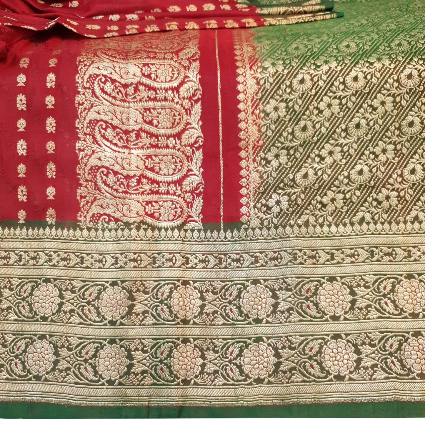 Sushila Vtg Red Green Heavy Saree Satin Silk Banarasi Woven Wedding Sari Fabric