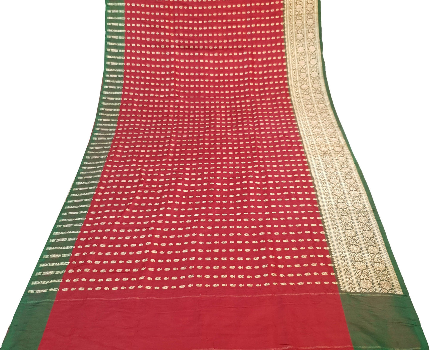 Sushila Vtg Red Green Heavy Saree Satin Silk Banarasi Woven Wedding Sari Fabric