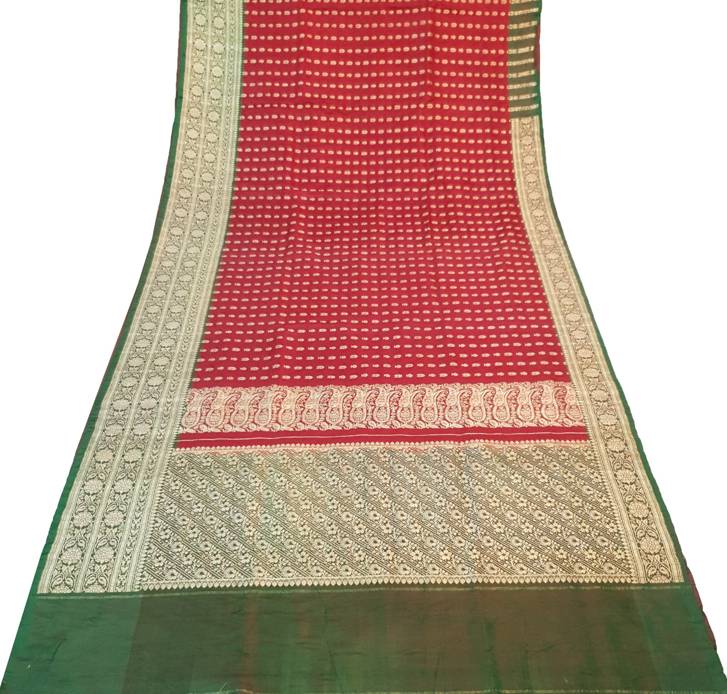 Sushila Vtg Red Green Heavy Saree Satin Silk Banarasi Woven Wedding Sari Fabric