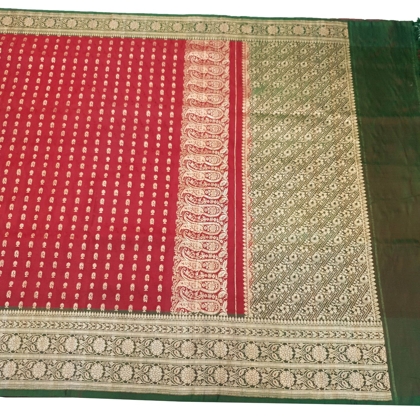 Sushila Vtg Red Green Heavy Saree Satin Silk Banarasi Woven Wedding Sari Fabric