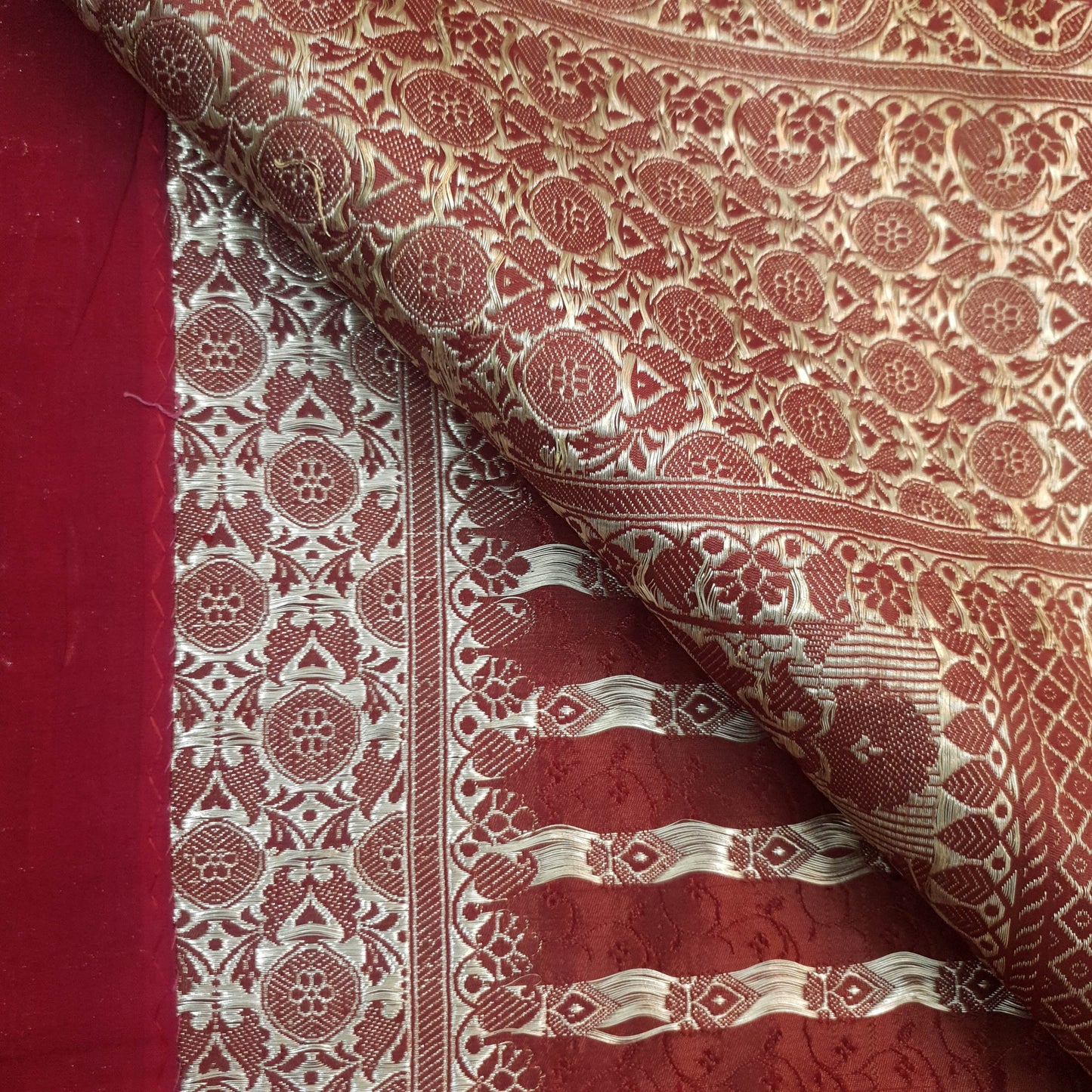 Sushila Vintage Heavy Maroon Saree Pure Satin Silk Banarasi Brocade Sari Fabric