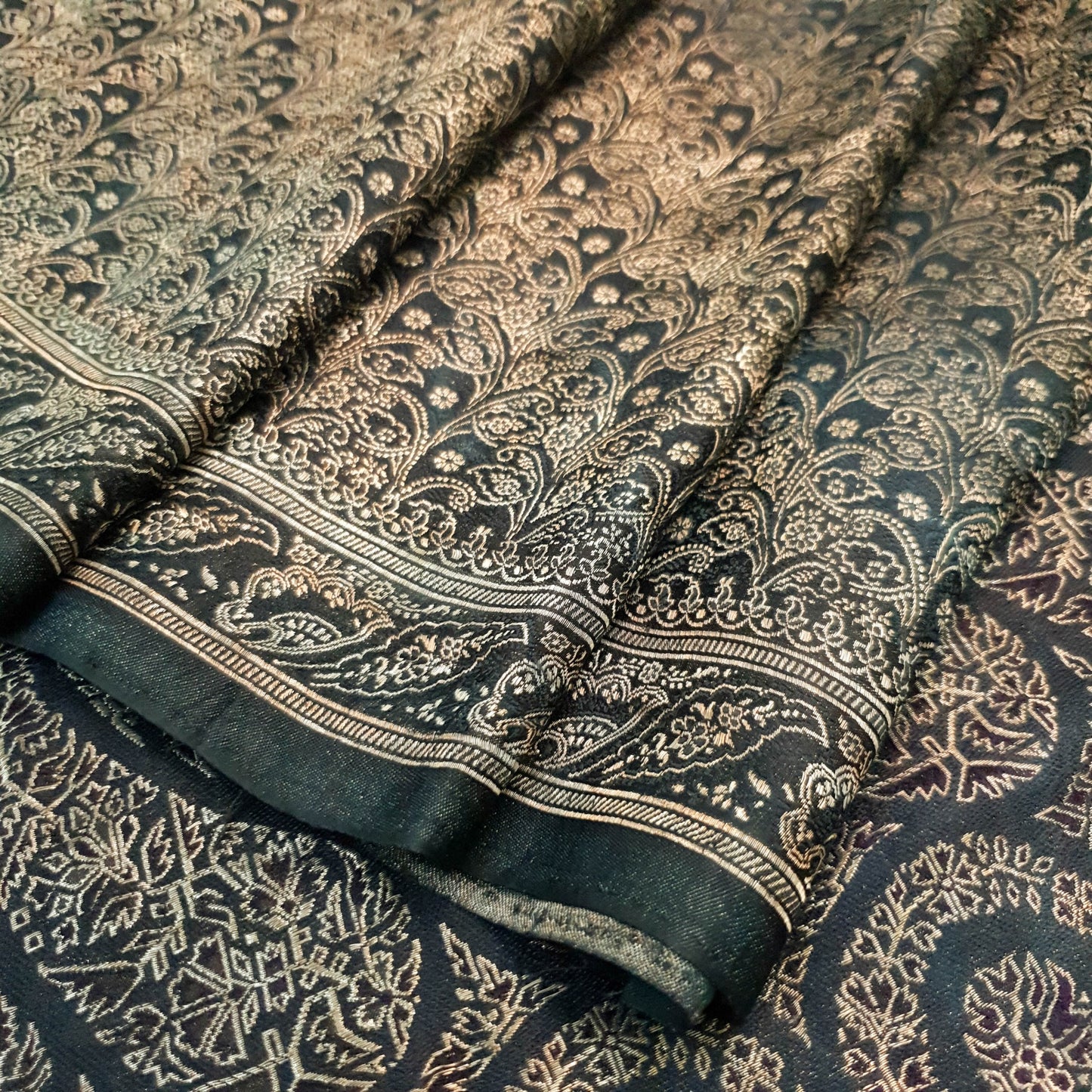 Sushila Vintage Shade of Black Blue Saree Satin Silk Banarasi Woven Sari Fabric