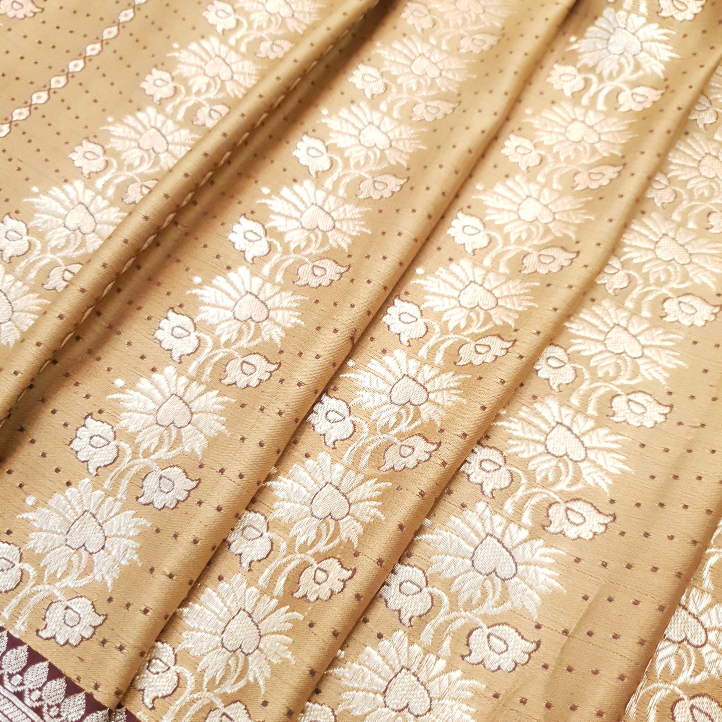 Sushila Vintage Light Brown Saree Pure Satin Silk Banarasi Brocade Sari Fabric