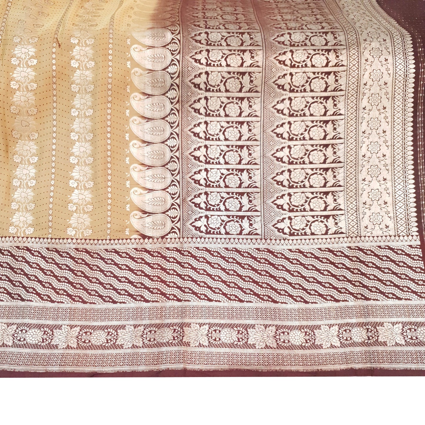 Sushila Vintage Light Brown Saree Pure Satin Silk Banarasi Brocade Sari Fabric