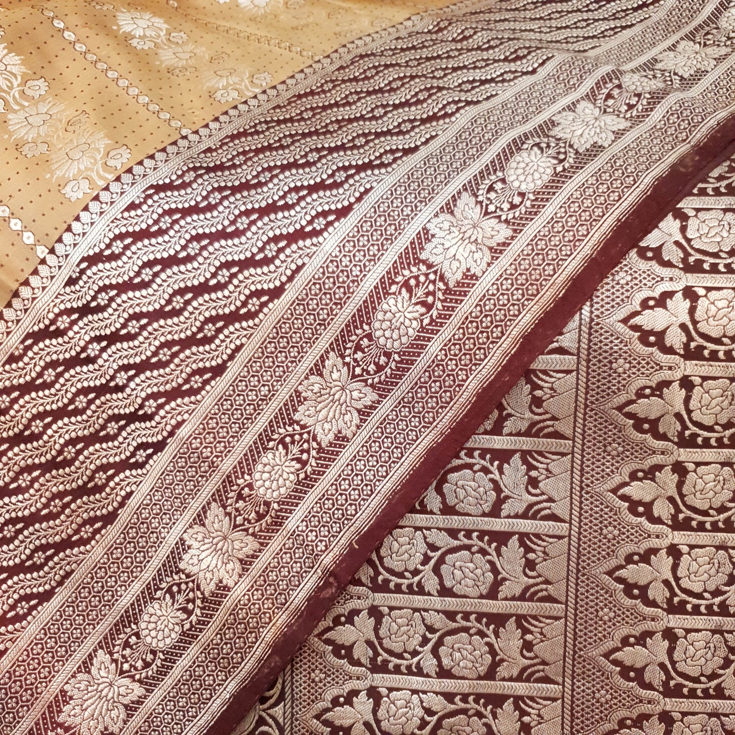 Sushila Vintage Light Brown Saree Pure Satin Silk Banarasi Brocade Sari Fabric