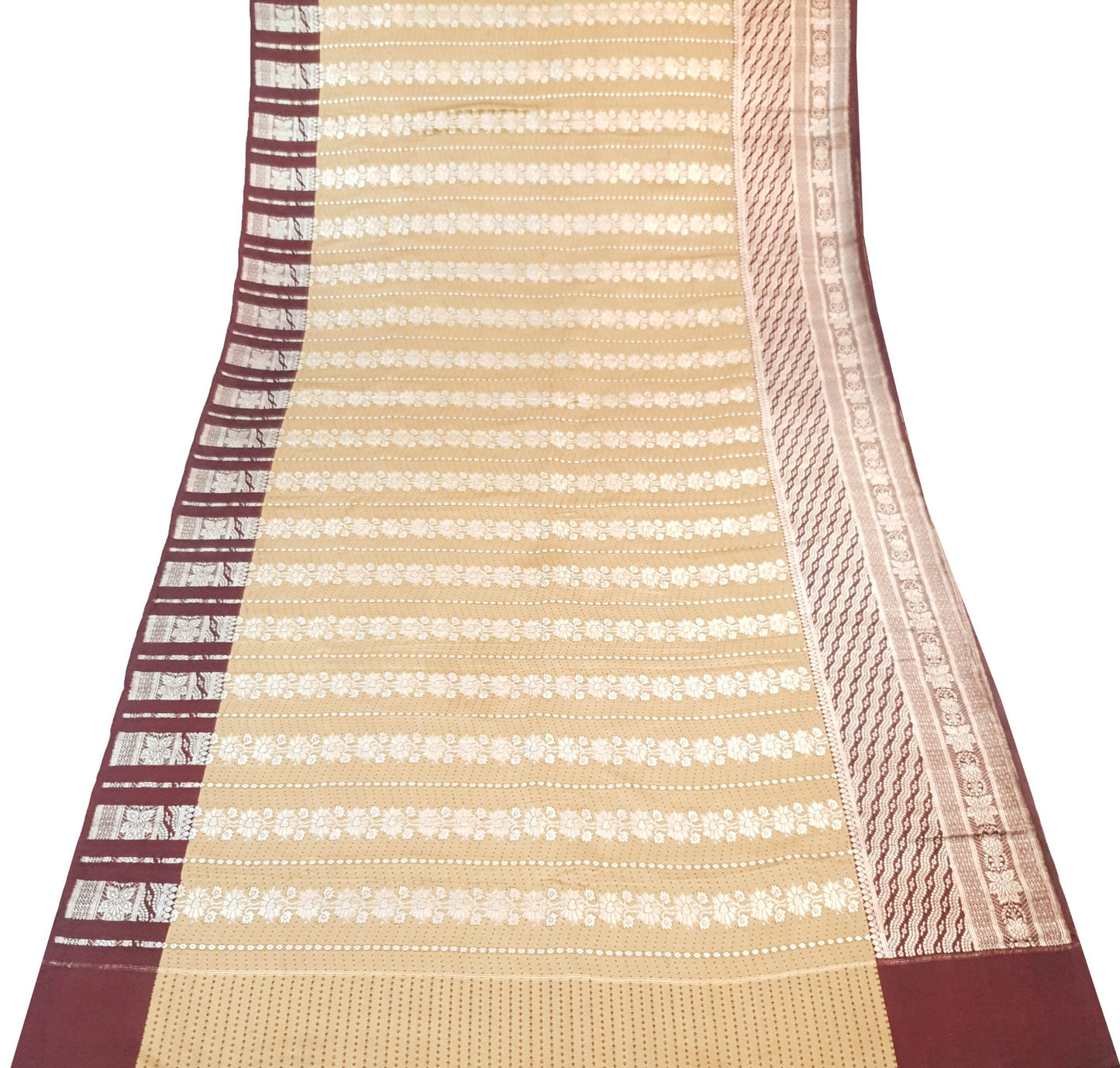 Sushila Vintage Light Brown Saree Pure Satin Silk Banarasi Brocade Sari Fabric