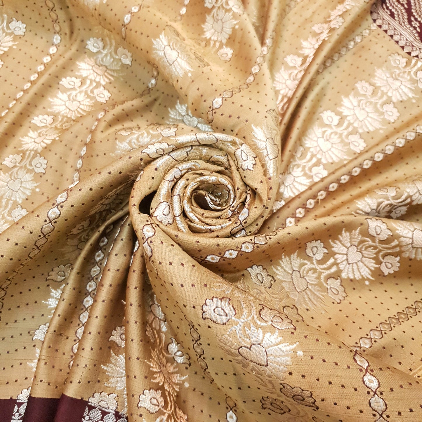 Sushila Vintage Light Brown Saree Pure Satin Silk Banarasi Brocade Sari Fabric