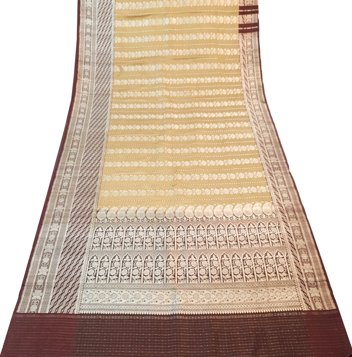 Sushila Vintage Light Brown Saree Pure Satin Silk Banarasi Brocade Sari Fabric