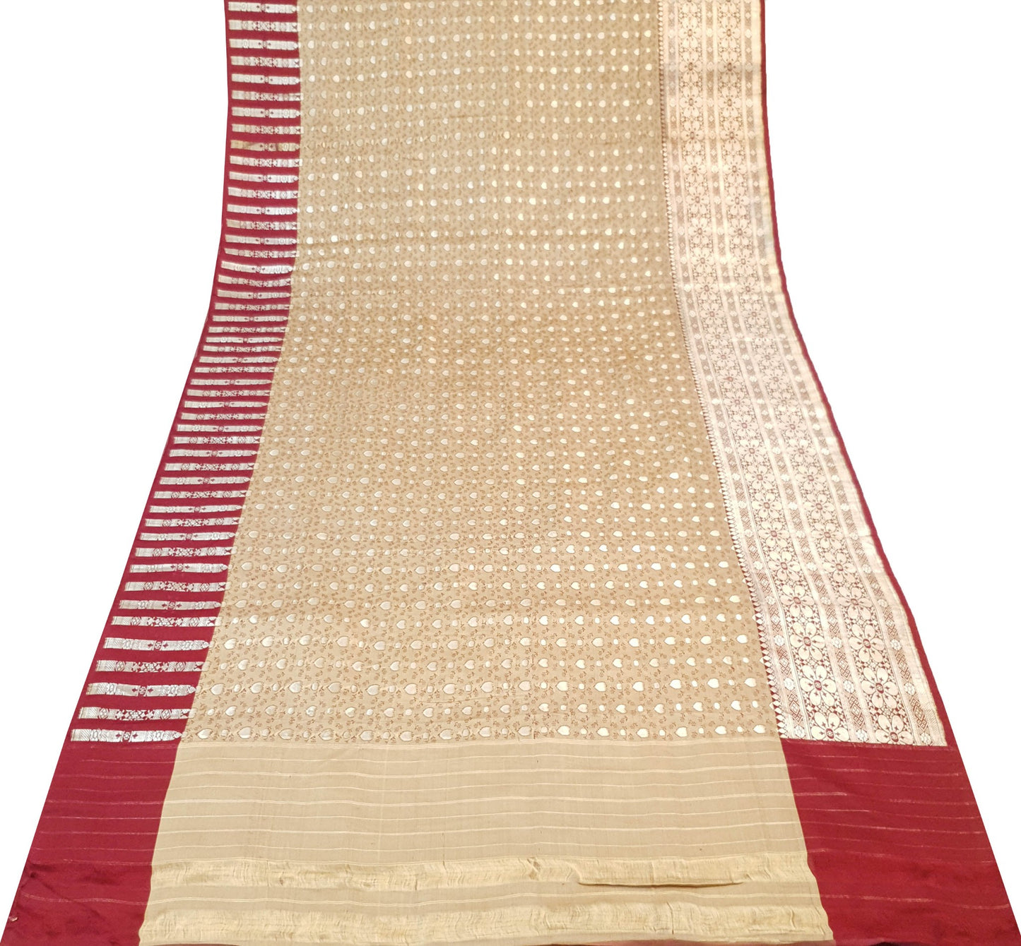 Sushila Vintage Heavy Banarasi Sari Woven Zari 100% Pure Satin Silk Beige Saree