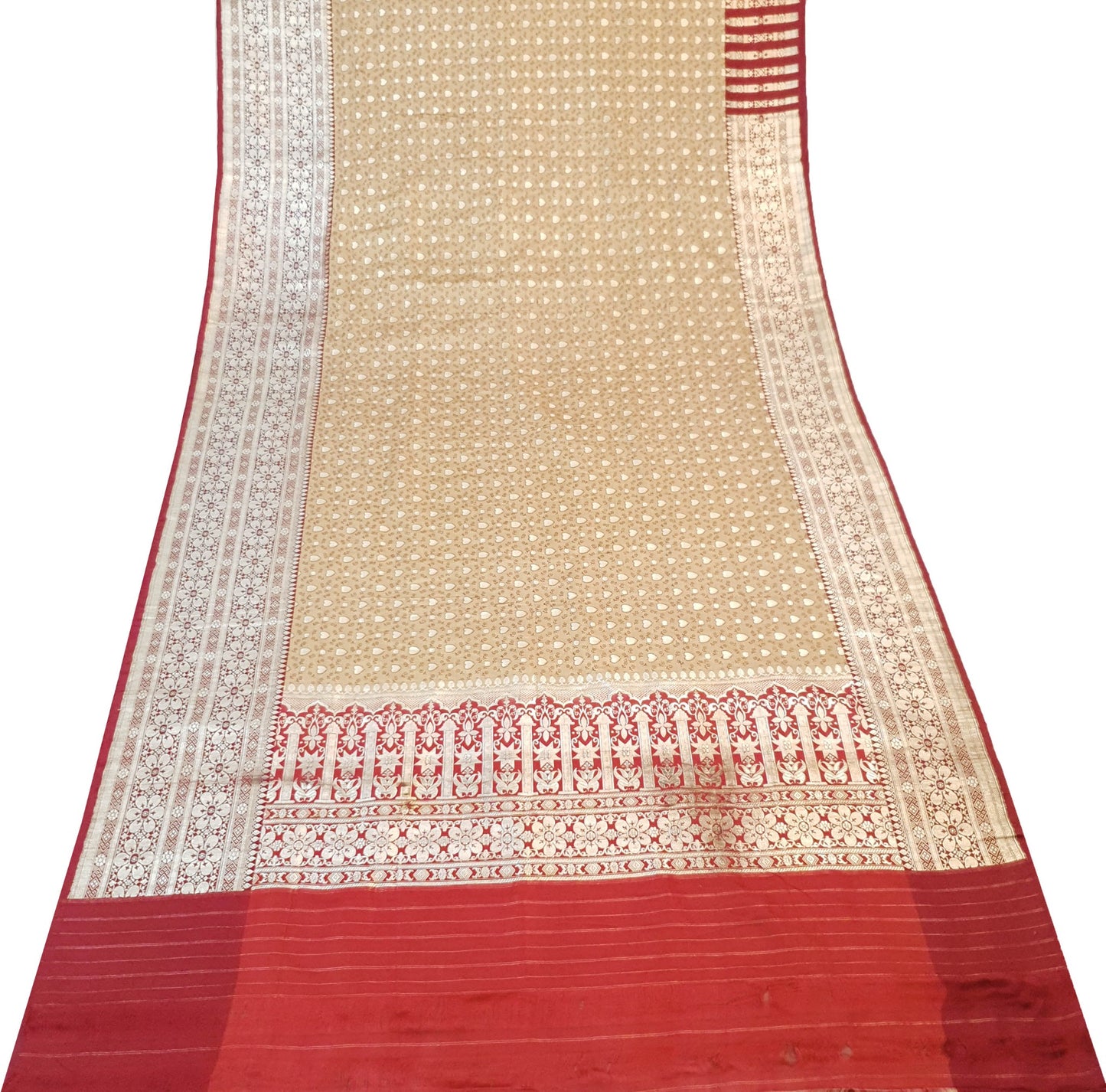 Sushila Vintage Heavy Banarasi Sari Woven Zari 100% Pure Satin Silk Beige Saree