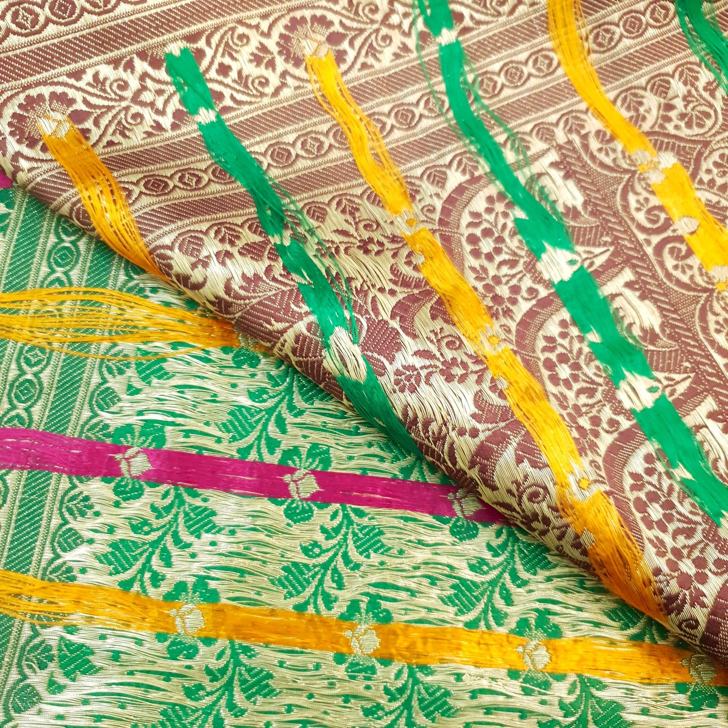 Sushila Vintage Heavy Banarasi Brocade Saree Art Satin Silk Green Sari Fabric