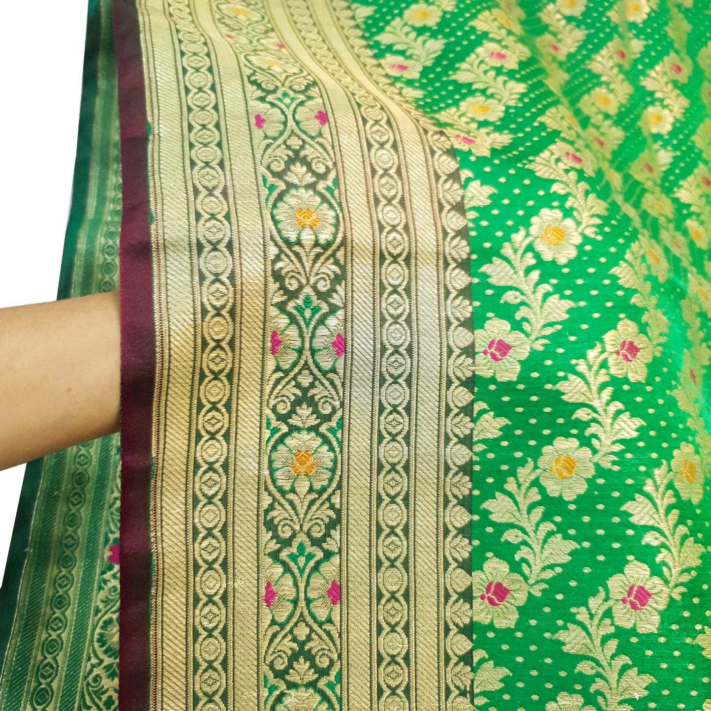 Sushila Vintage Heavy Banarasi Brocade Saree Art Satin Silk Green Sari Fabric