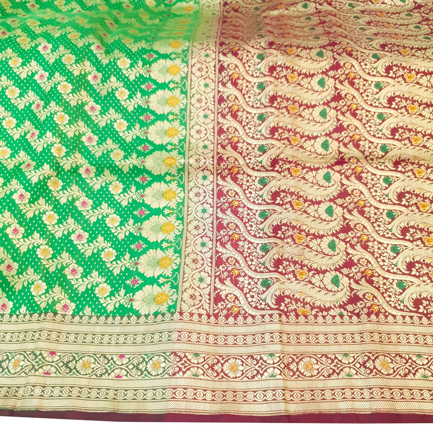 Sushila Vintage Heavy Banarasi Brocade Saree Art Satin Silk Green Sari Fabric