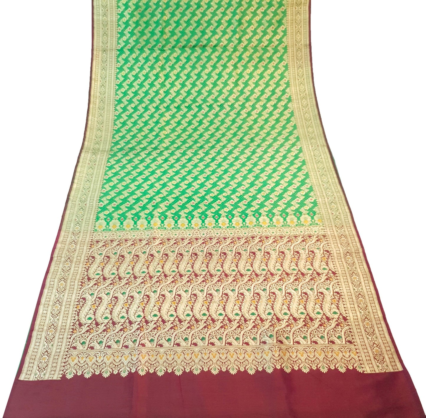 Sushila Vintage Heavy Banarasi Brocade Saree Art Satin Silk Green Sari Fabric