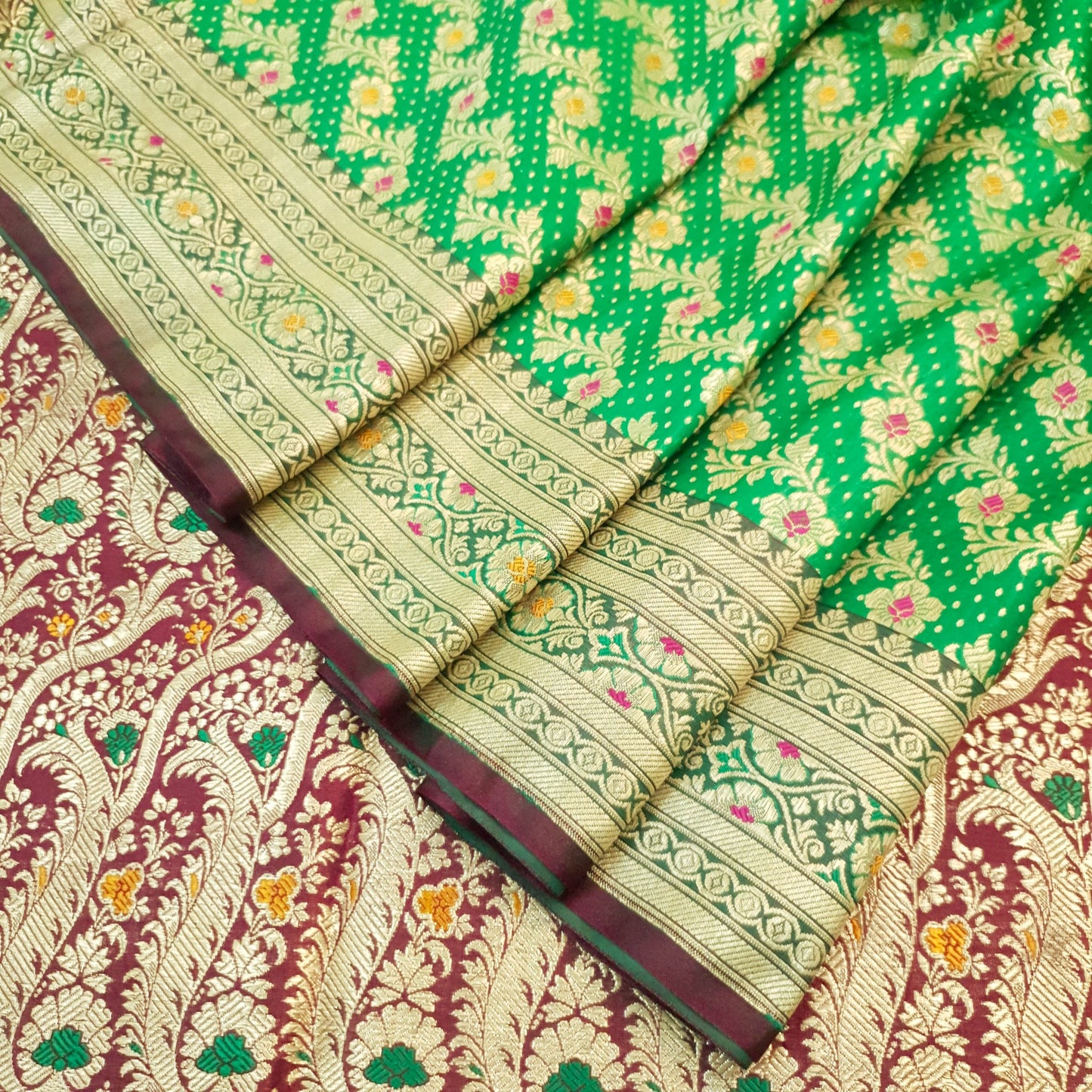 Sushila Vintage Heavy Banarasi Brocade Saree Art Satin Silk Green Sari Fabric