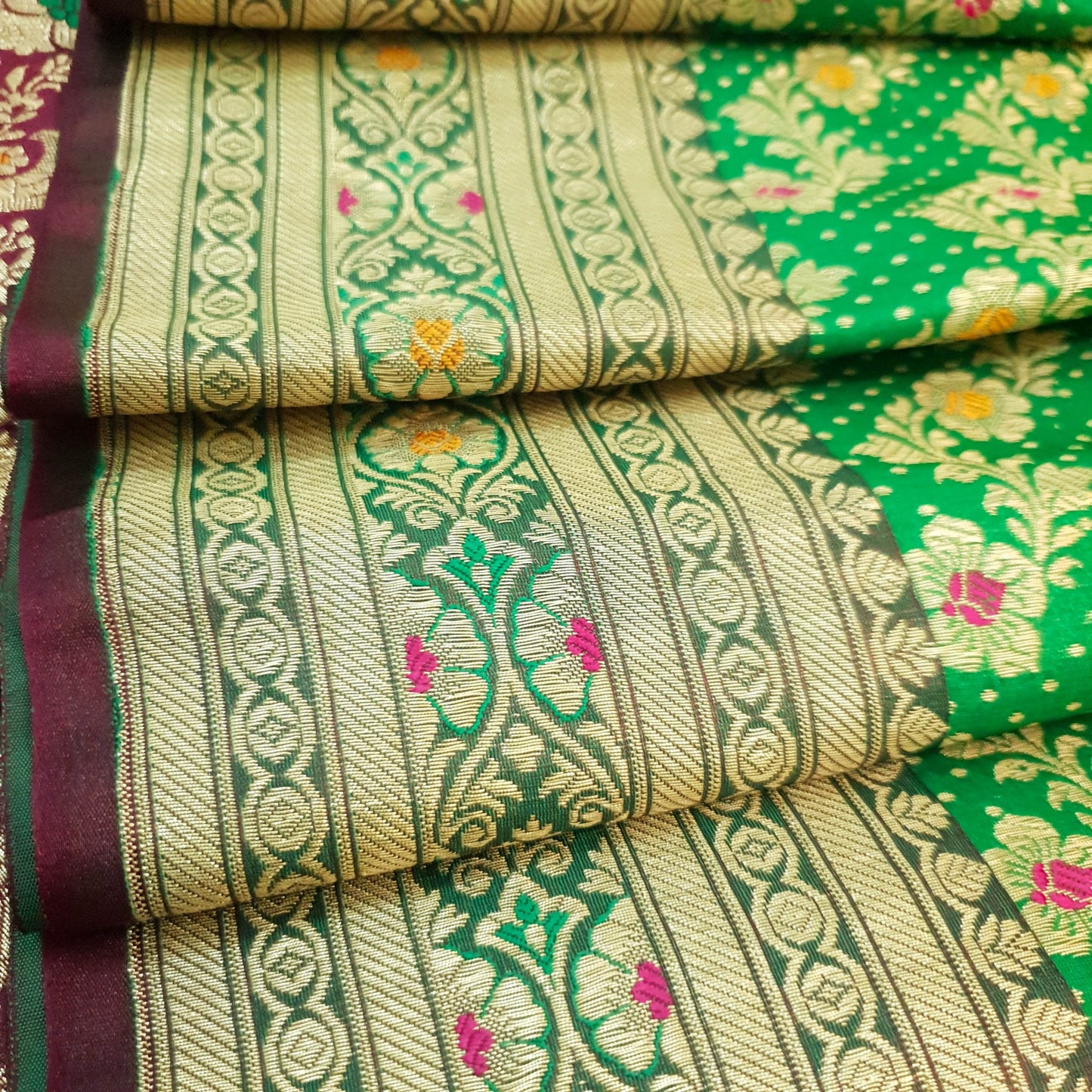 Sushila Vintage Heavy Banarasi Brocade Saree Art Satin Silk Green Sari Fabric