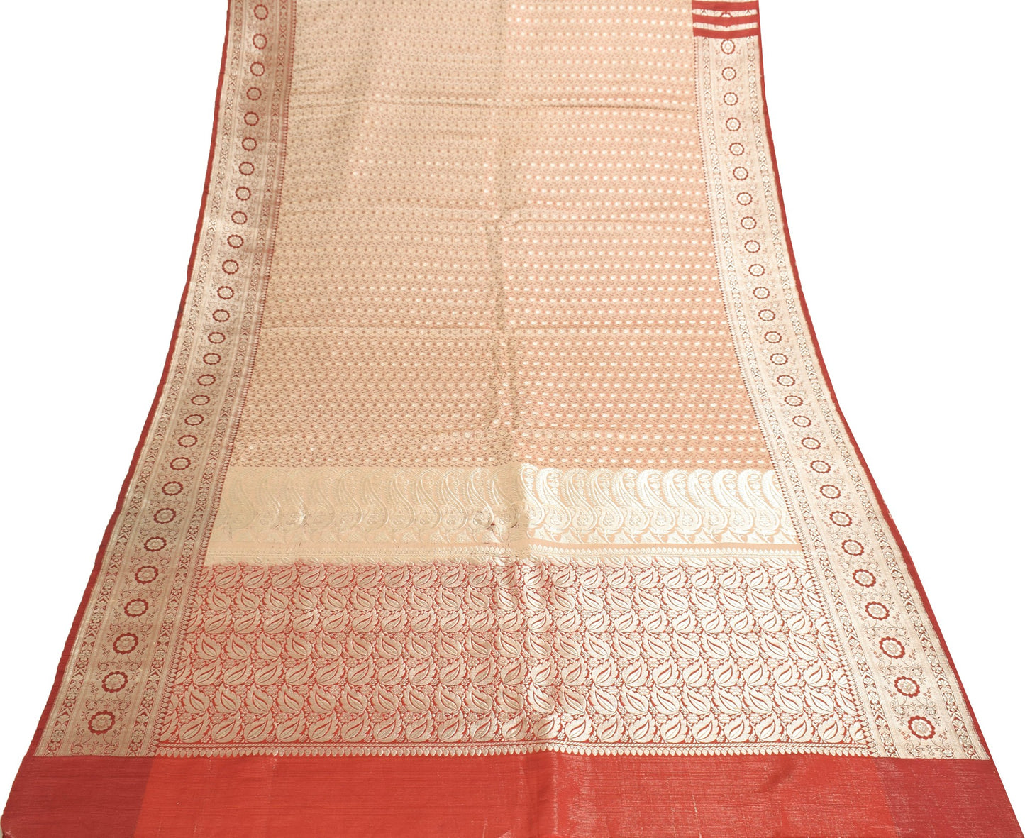 Sushila Vintage Heavy Saree Beige Maroon Pure Satin Silk Banarasi Brocade Sari