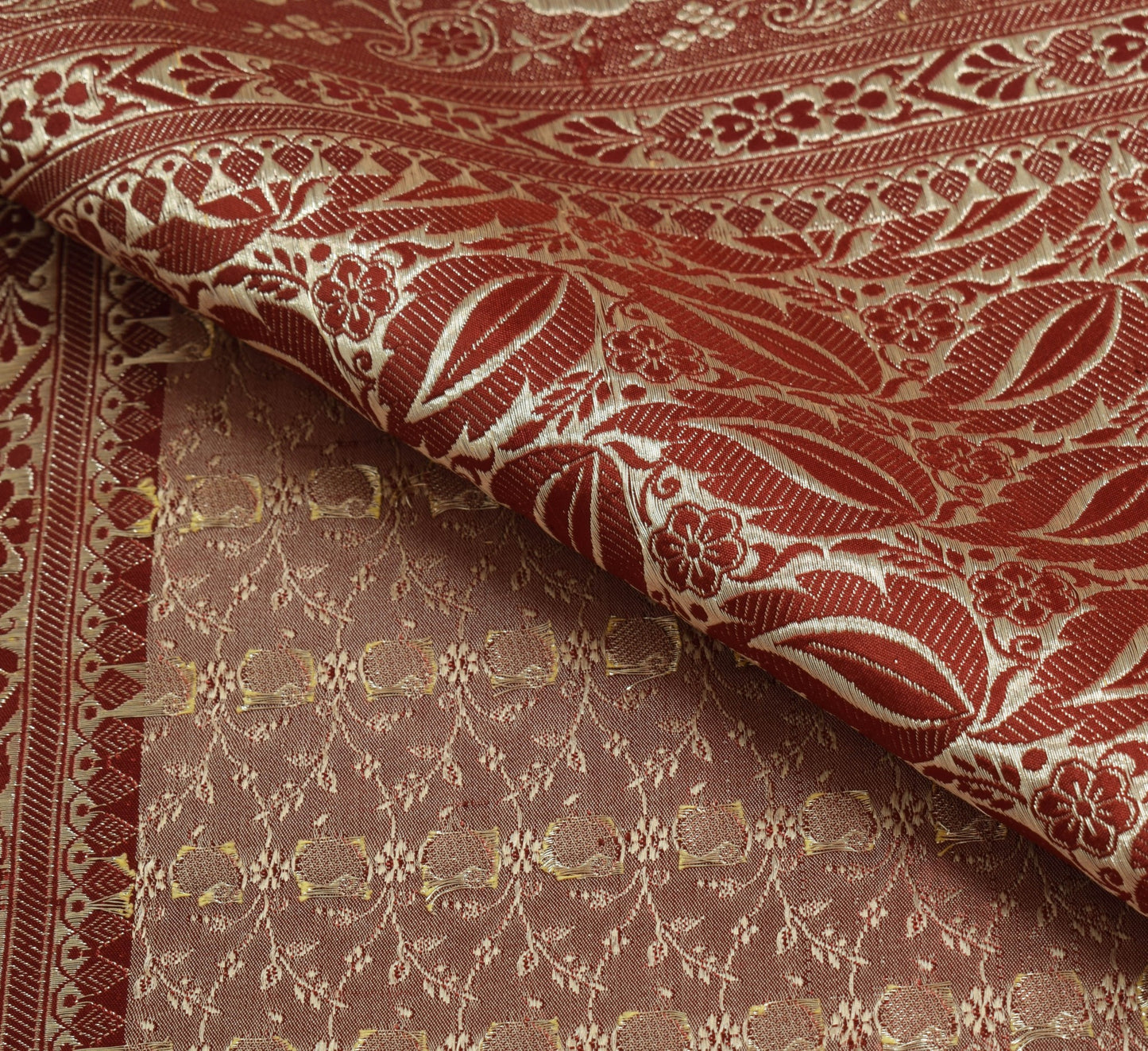 Sushila Vintage Heavy Saree Beige Maroon Pure Satin Silk Banarasi Brocade Sari