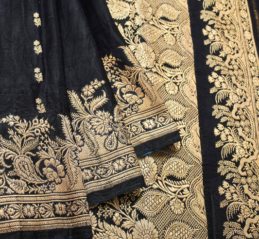 Sushila Vintage Heavy Saree Pure Satin Silk Banarasi Brocade Black Sari Fabric