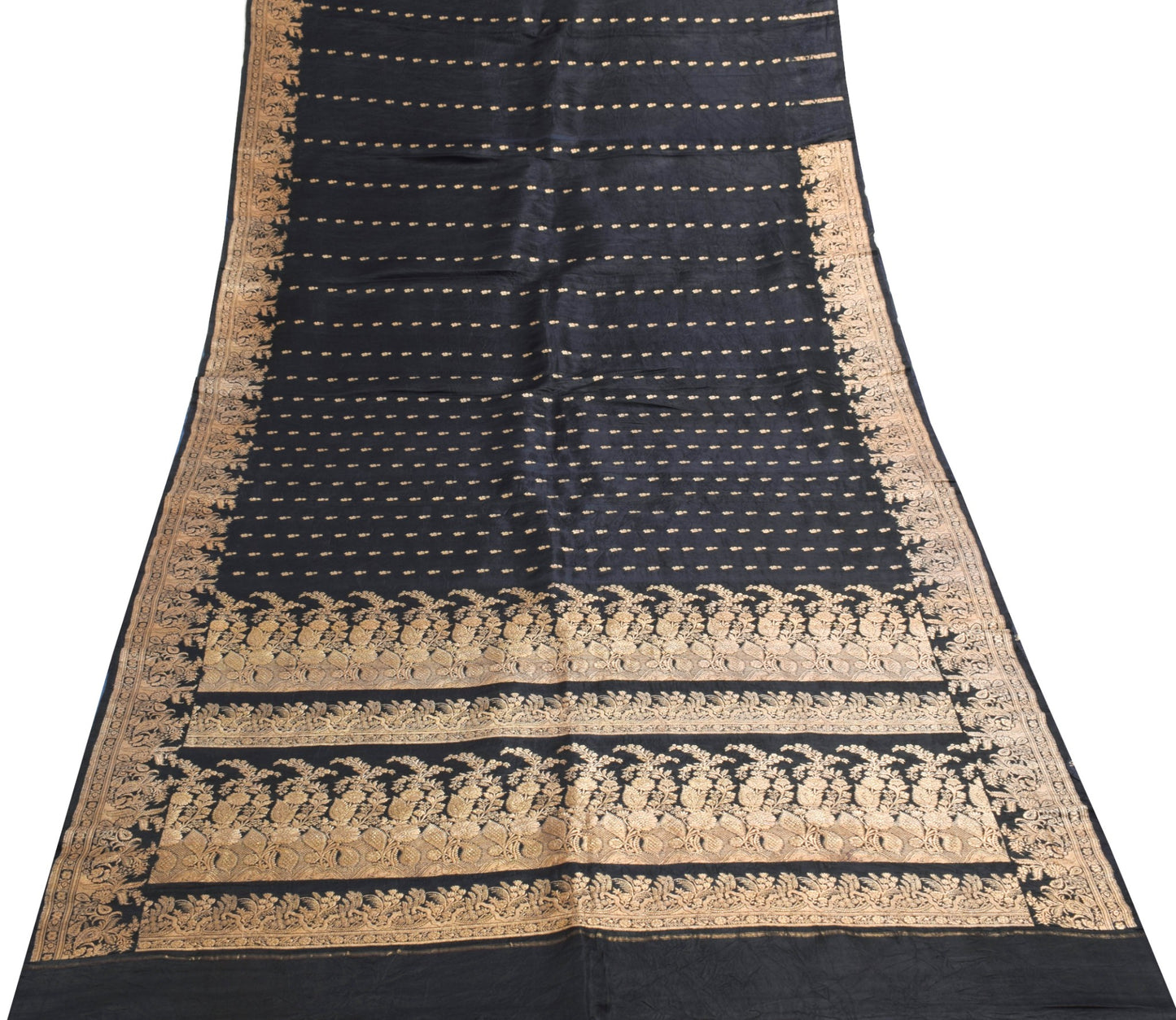 Sushila Vintage Heavy Saree Pure Satin Silk Banarasi Brocade Black Sari Fabric