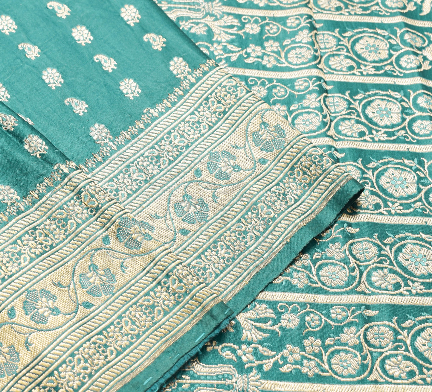 Sushila Vintage Heavy Saree Pure Satin Silk Banarasi Brocade Teal Green Sari