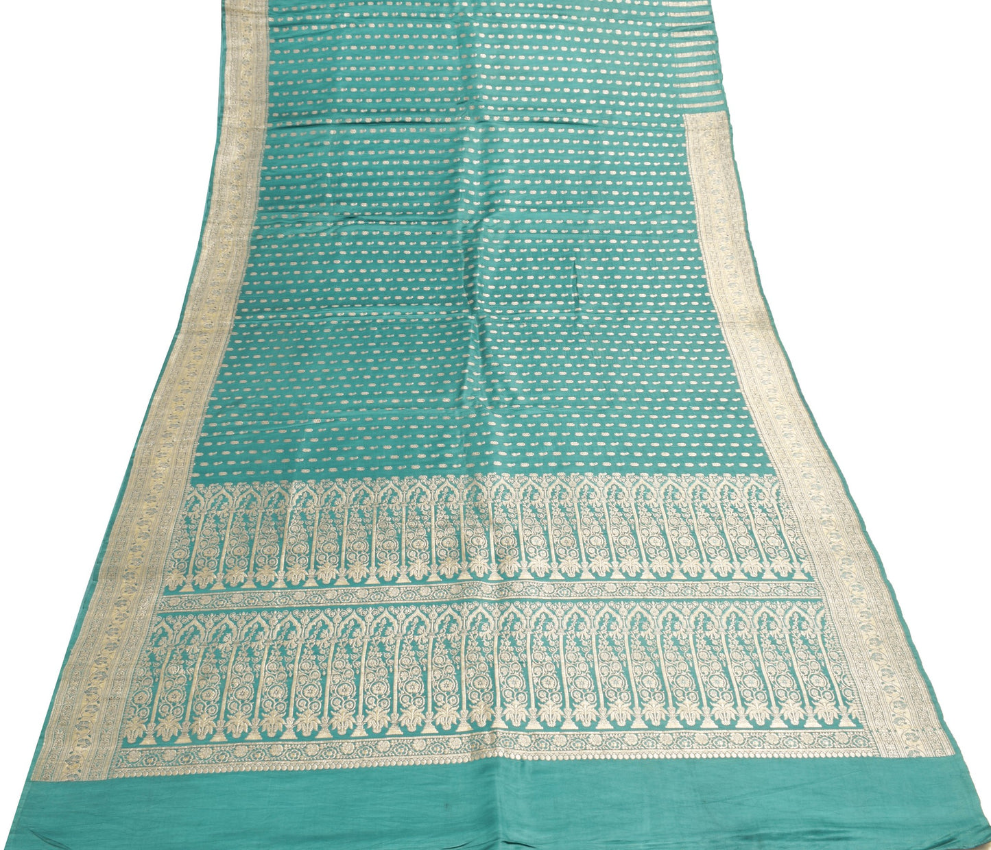 Sushila Vintage Heavy Saree Pure Satin Silk Banarasi Brocade Teal Green Sari