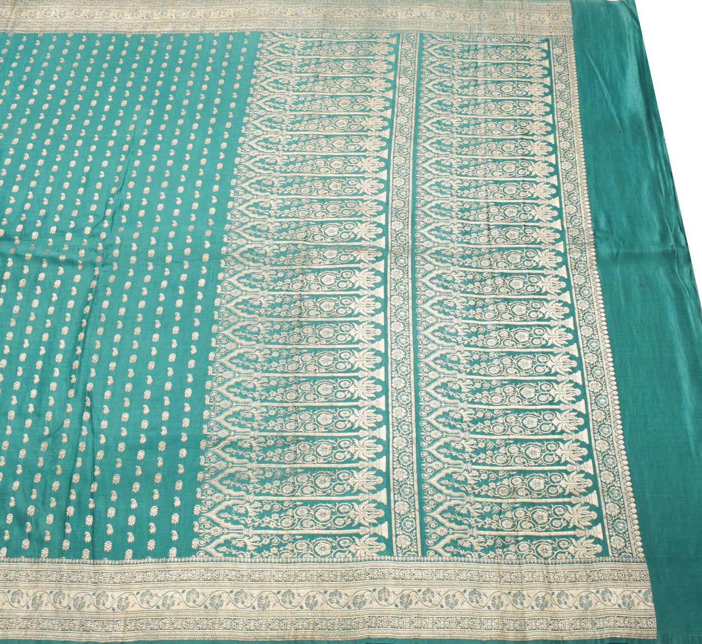 Sushila Vintage Heavy Saree Pure Satin Silk Banarasi Brocade Teal Green Sari