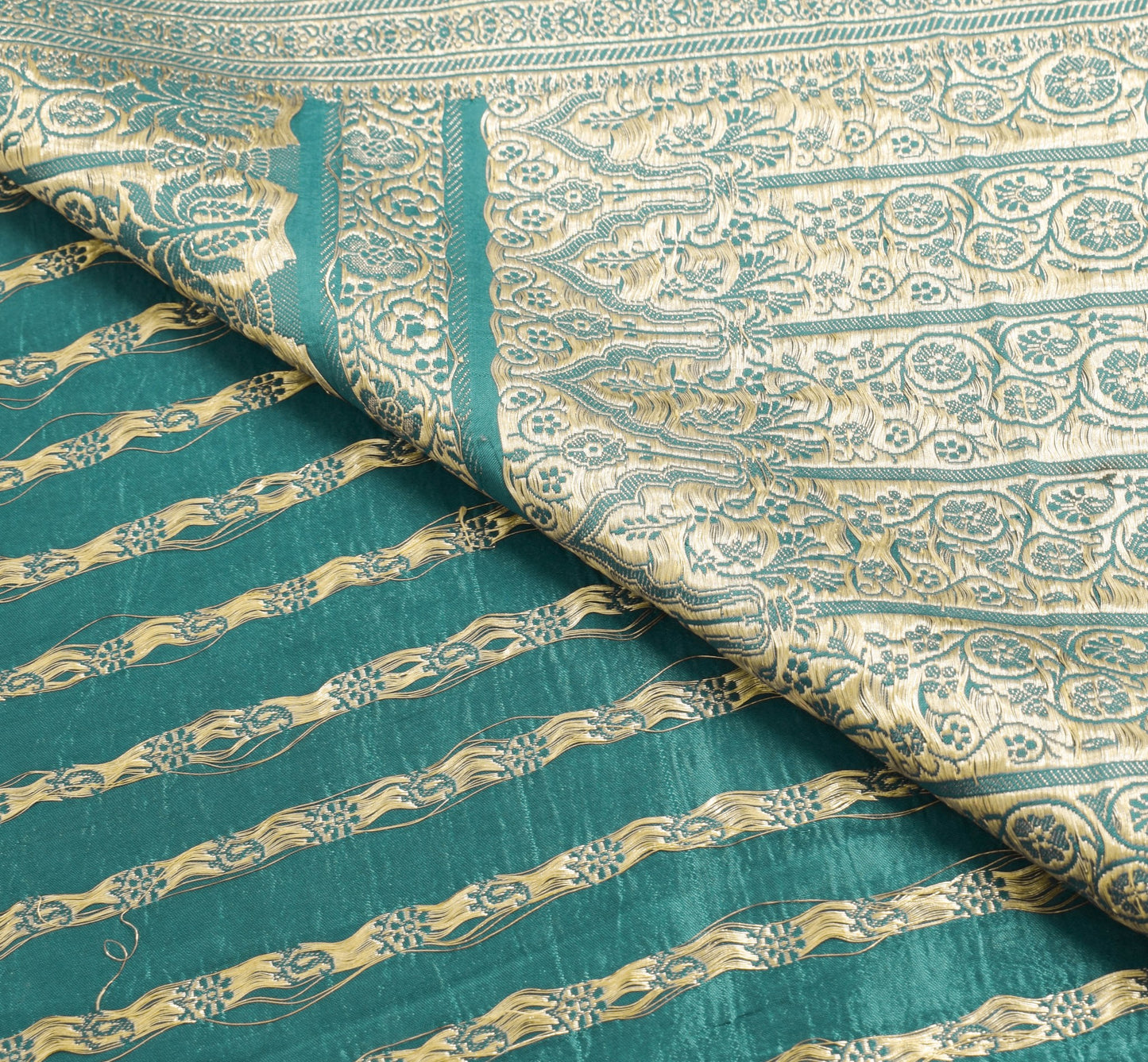 Sushila Vintage Heavy Saree Pure Satin Silk Banarasi Brocade Teal Green Sari